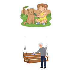 Girl brushing a cute fluffy dog in the backyard and senior woman cleaning wooden swing seat