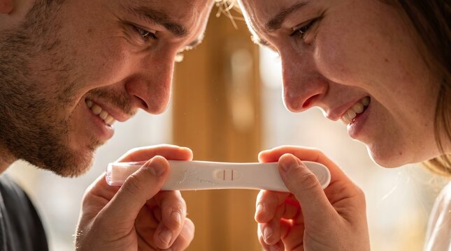 Happy young couple smiling with joy while looking at a positive pregnancy test result in an intimate moment