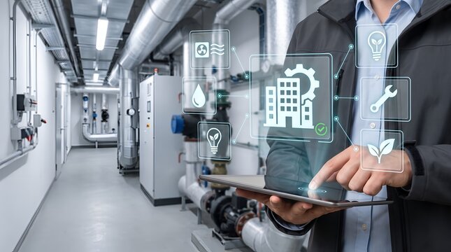 Smart building facility management system interface showing hvac controls and energy monitoring on tablet for modern industrial automation control