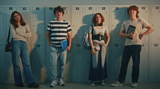 Portrait of Modern Gen Z High School Students Standing Together in Locker Room Corridor. Technology in Schools, Diverse Individual Styles, Everyday Student Routines in Modern Educational Settings.