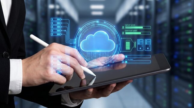 cloud computing and data center management concept: an expert using a digital stylus to monitor server performance and network status on a virtual cloud interface dashboard