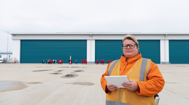 Woman in orange work coat and safety vest holding a tablet, standing on a wet concrete apron before a warehouse for safety and headcount, copy space