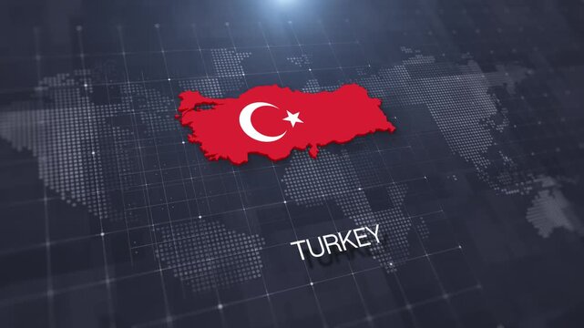 Turkey map with national flag on digital world map background, geographic border, global political and international news concept