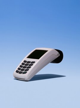 Card terminal with a blank screen and rubber keypad, featuring a matte shell and soft gloss finish for fintech mockups and retail payment visuals