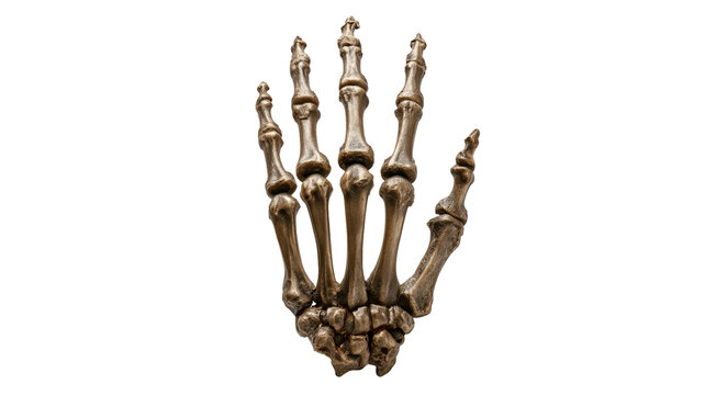 Highly realistic skeleton hand with intricate bone details and eerie Halloween style, isolated PNG on transparent background
