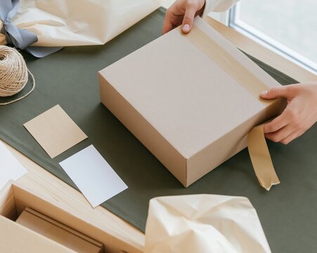 Hands taping a kraft cardboard box shut on a textured table, featuring a rustic handmade aesthetic for small business packaging and zero waste shipping, with copy space