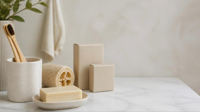 White Bamboo toothbrushes, bar soap and packaging on marble bathroom counter, plastic-free minimalist bathroom with copy space