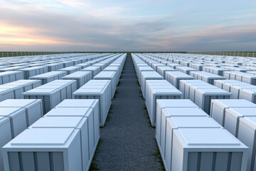 Fototapeta premium Utility scale battery storage field, wide angle view, renewable energy infrastructure, rows of battery container, clean power system, outdoor industrial site