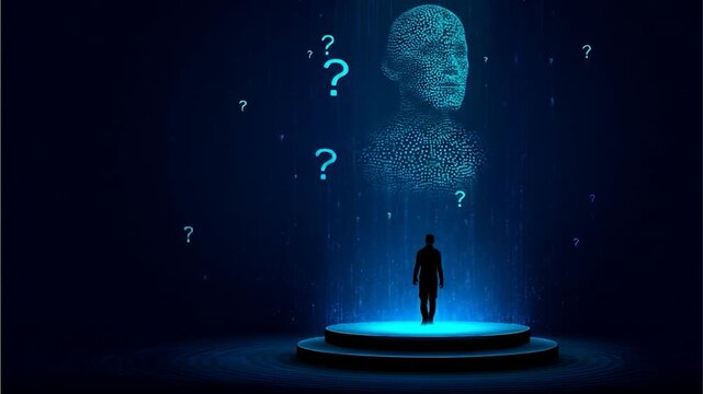 Silhouette observes digital head and question marks in futuristic environment