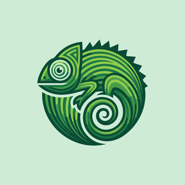 Circular green chameleon lizard logo with curved lines