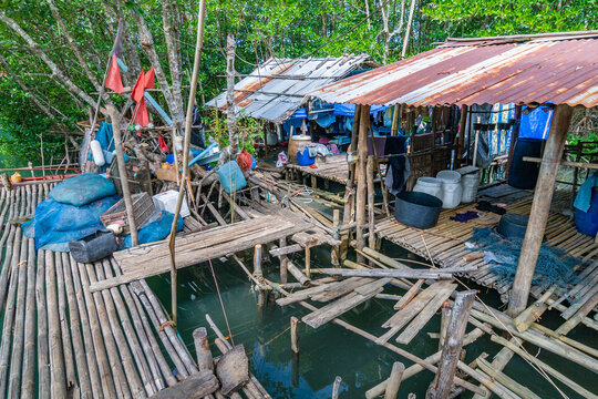 bamboo hut at fishermans village Salak Khok at the island of Koh Chang in the mangroves with fishing nets and wooden bamboo pier