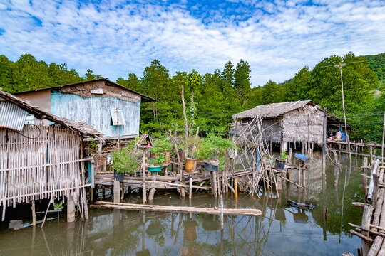 bamboo huts at fishermans village Kalak Khok at the island of Koh Chang in the Mangroves
