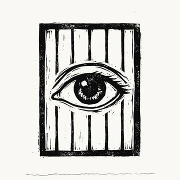 Vintage woodcut eye illustration behind vertical bars.