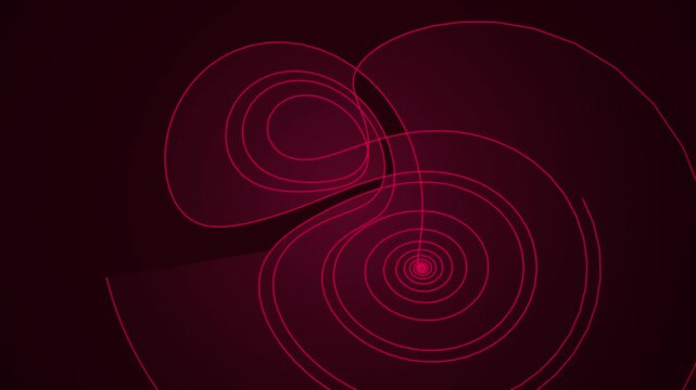 Pink glowing mathematical chaotic attractor lines moving across a dark maroon space for scientific data visualization