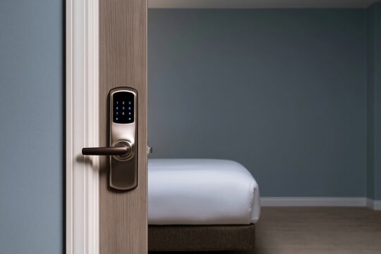 Smart lock handle with keypad and fingerprint reader on a brown timber door, featuring a brushed metal finish for hotel and home security