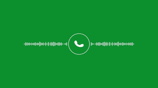 A white telephone receiver is centrally placed inside a white circle, bordered by white sound wave on a vibrant green background. Keywords: audio, call, communication, sound, wave, waveform