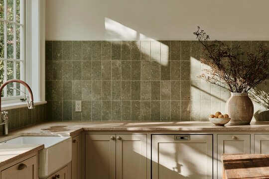 Sage green stacked stone tile backsplash in a farmhouse kitchen with a ceramic vase and soft daylight for interior design and renovation campaigns