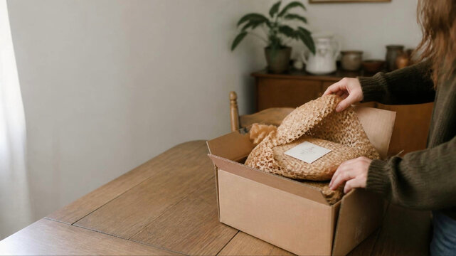 Hands unwrapping honeycomb biodegradable packaging material from cardboard box at home, sustainable unboxing concept with copy space