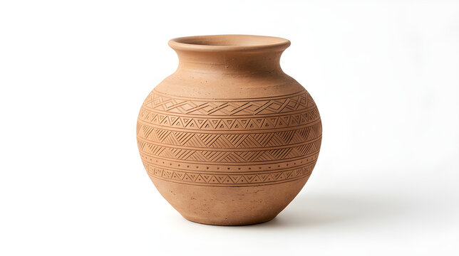Rustic Terracotta Clay Pot Vessel with Simple Engraved Patterns Isolated on White Background Traditional Handcrafted Ceramic Urn Antique Primitive Pottery Jar Home Decor Object 3D Render
