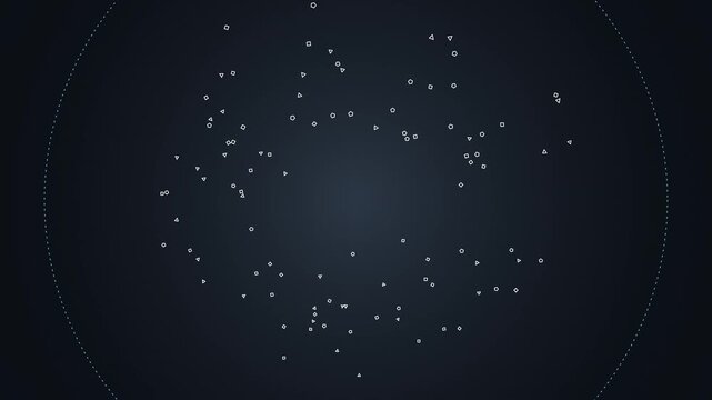 White geometric shapes floating in circular patterns across a dark blue gradient space environment layout