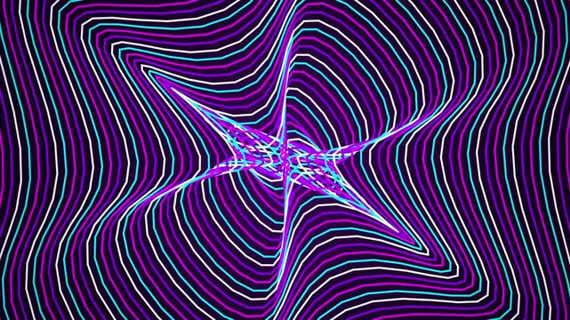 Vibrant purple and cyan neon light waves forming a dynamic geometric star shaped ripple pattern