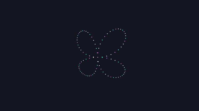 Animated mathematical four leaf clover pattern formed by glowing neon dots moving in dark space