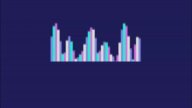 Animated neon glowing audio frequency spectrum bars visualizing rhythmic sound waves for modern music production software