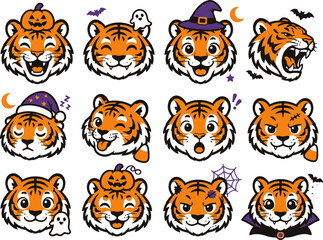 Cute Halloween tiger head icons set with spooky hats, pumpkins, and playful expressions in vector style © SMFARHANTANVIR