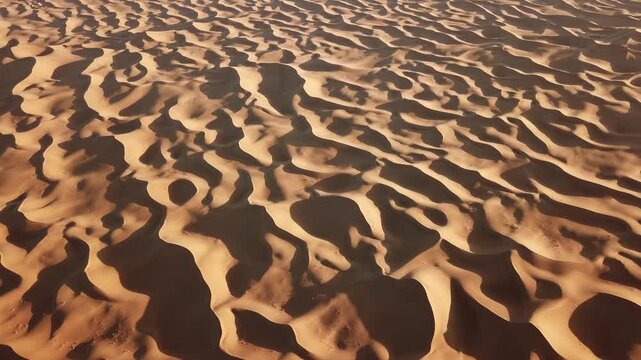 Aerial view of vast golden sand dunes of the Sahara Desert in Morocco.