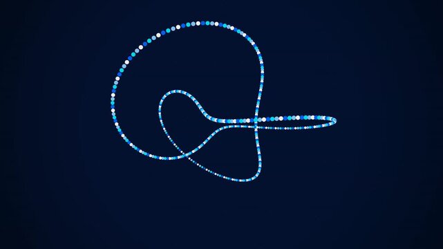Blue glowing particle light trails forming complex geometric knots across a dark digital space environment