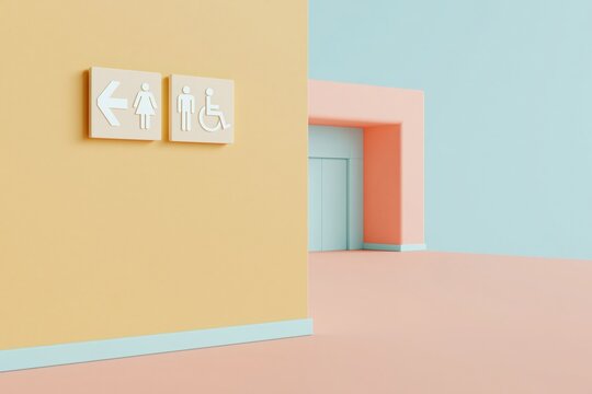 Public restroom directional signs with accessibility symbols on a smooth pastel wall in an airport terminal, blank mockup for wayfinding and branding with copy space
