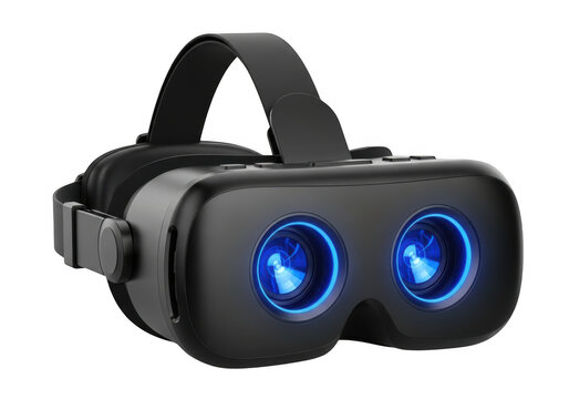 Black virtual reality headset with bright blue glowing lenses isolated on transparent background