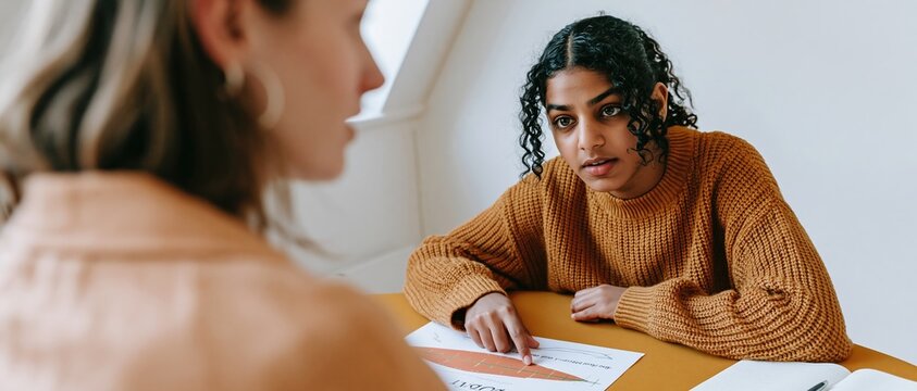 Attentive South Asian teenage girl examines a blood sugar chart during a health consultation for youth wellness and community education programs