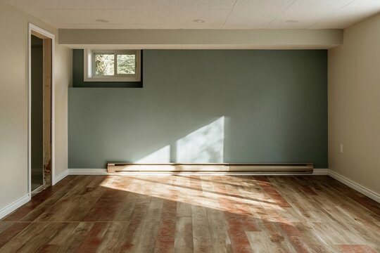 Terracotta orange plank flooring in a finished basement with teal walls, featuring a serene atmosphere and copy space for real estate marketing
