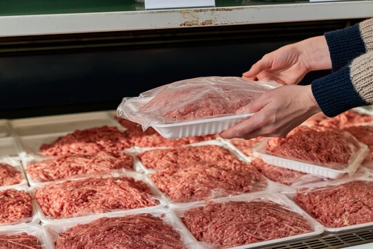 Hands lifting a sealed tray of minced meat from a chilled supermarket display, showing condensation on the wrap for grocery and food packaging
