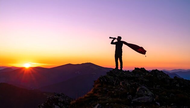 Hiker Sees Sunset with Scarf Fluttering the Wind