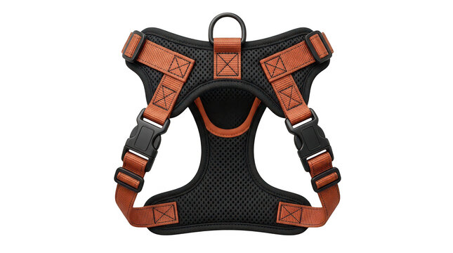Modern breathable black and orange dog harness for comfortable pet walking and training adventures featuring adjustable straps and sturdy buckles transparent background