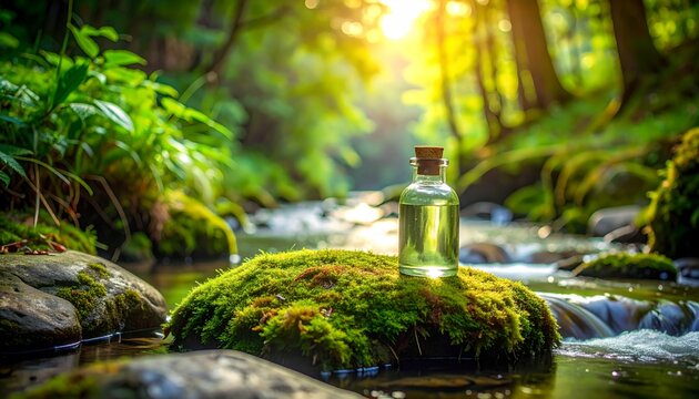 Mosscovered Rock with Glass Bottle Tranquil Forest Stream