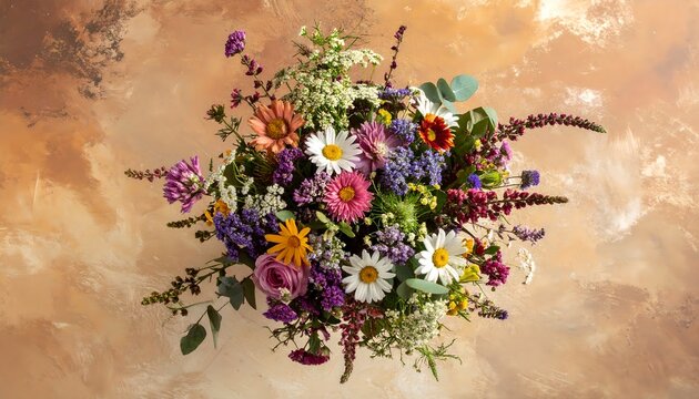 Vibrant Flower Arrangement Against Warm Textured