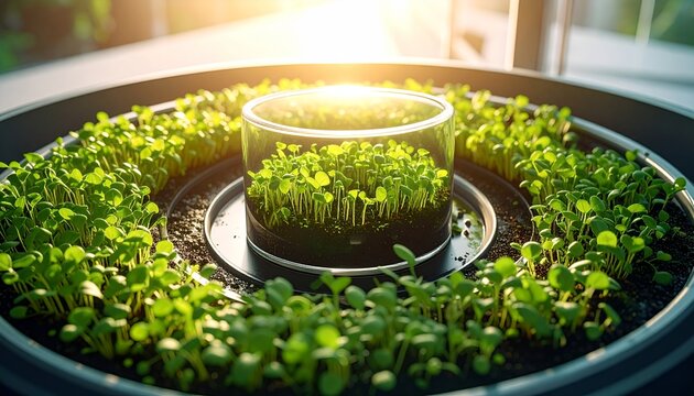 Indoor Circular Garden with Lush Green Plants and Sunlight