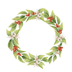 Fototapeta premium Coffee wreath with leaves, berries, and flowers. Circular botanical frame. Hand drawn aesthetic illustration
