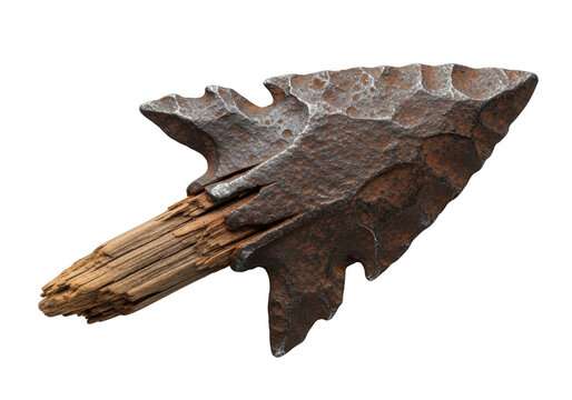 Ancient rusty metal arrowhead with wooden shaft fragment isolated on transparent background