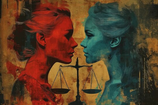 Two Women Facing Each Other with Scales of Justice, Equality Concept