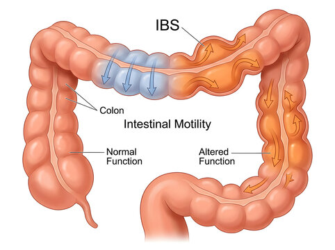 Human colon showing normal and altered intestinal motility with ibs isolated on white background