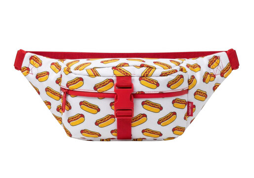 White waist bag with red straps and hot dog pattern print isolated on transparent background