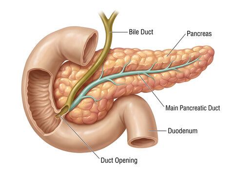 Human digestive system showing pancreas and bile duct anatomy isolated on white background