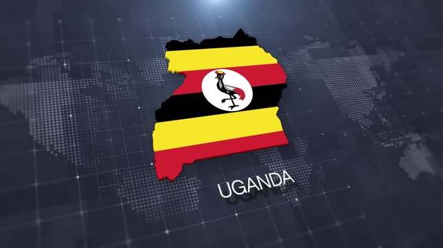 Uganda map with national flag on digital world map background, geographic border, global political and international news concept