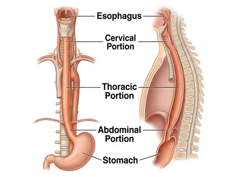 Human esophagus anatomy with labeled sections diagram isolated on white background