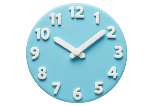 Light blue round wall clock with white numbers showing ten past ten isolated on transparent background