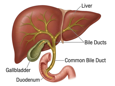 Human liver and gallbladder digestion anatomy diagram isolated on white background